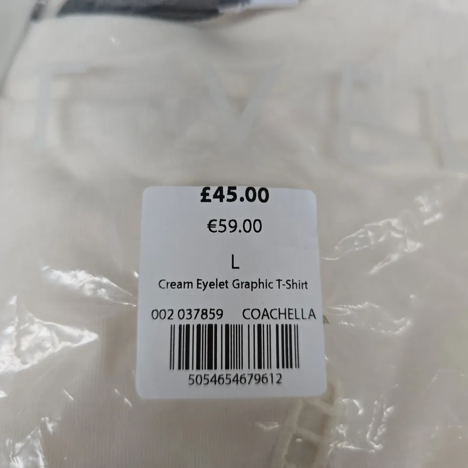 MINT VELVET COACHELLA CREAM EYELET GRAPHIC T-SHIRT, SIZE L