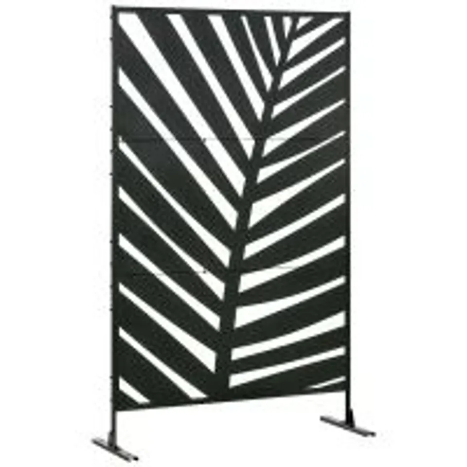 BOXED OUTSUNNY DECORATIVE PRIVACY SCREEN WITH STAND, 6.5FT FREESTANDING METAL OUTDOOR DIVIDER, DECORATIVE PRIVACY PANEL WITH EXPANSION SCREWS FOR GARDEN PATIO POOL HOT TUB, BANANA LEAF STYLE, BLACK
