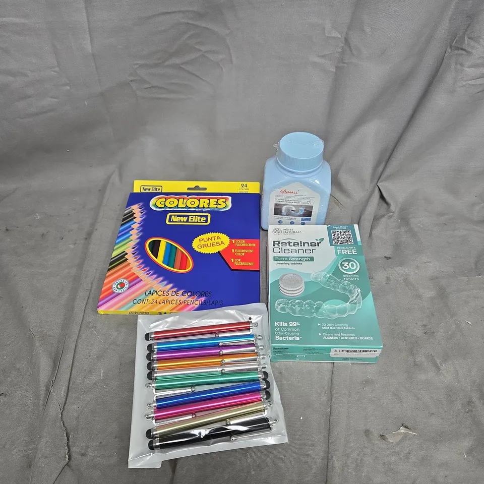 APPROXIMATELY 15 ASSORTED HOUSEHOLD ITEMS TO INCLUDE CLEANING TABLET, PENS, COLOUR PENCILS, PIPE DREDGING AGENT ETC