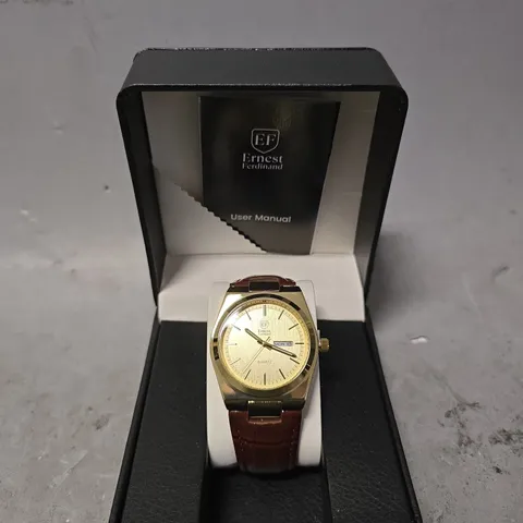 ERNEST FERDINAND WATCH β DAY DATE CALENDAR DIAL β LEATHER STRAP β 3ATM WATER RESISTANT - GIFT BOX