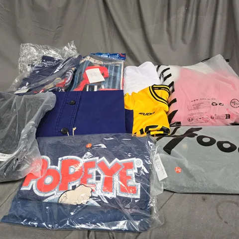 BOX OF ASSORTED CLOTHING ITEMS IN VARIOUS COLOURS, STYLE AND SIZES