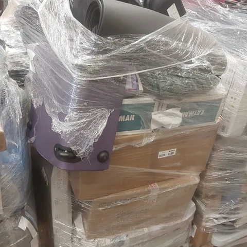 PALLET OF ASSORTED E-COMMERCE GOODS AND PRODUCTS TO INCLUDE: BAMBOO SHOE RACK, SUITCASES, YOGA MAT, VELVET HANGERS, SLEEPING BAG ECT