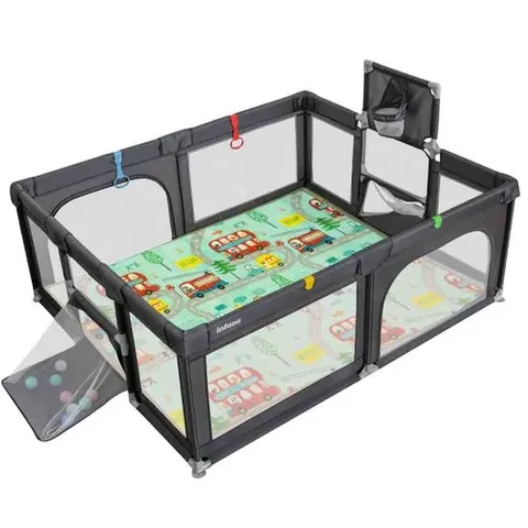 COSTWAY LARGE BABY PLAYPEN WITH MAT WITH BASKETBALL HOOP AND SOCCER NETS-GREY