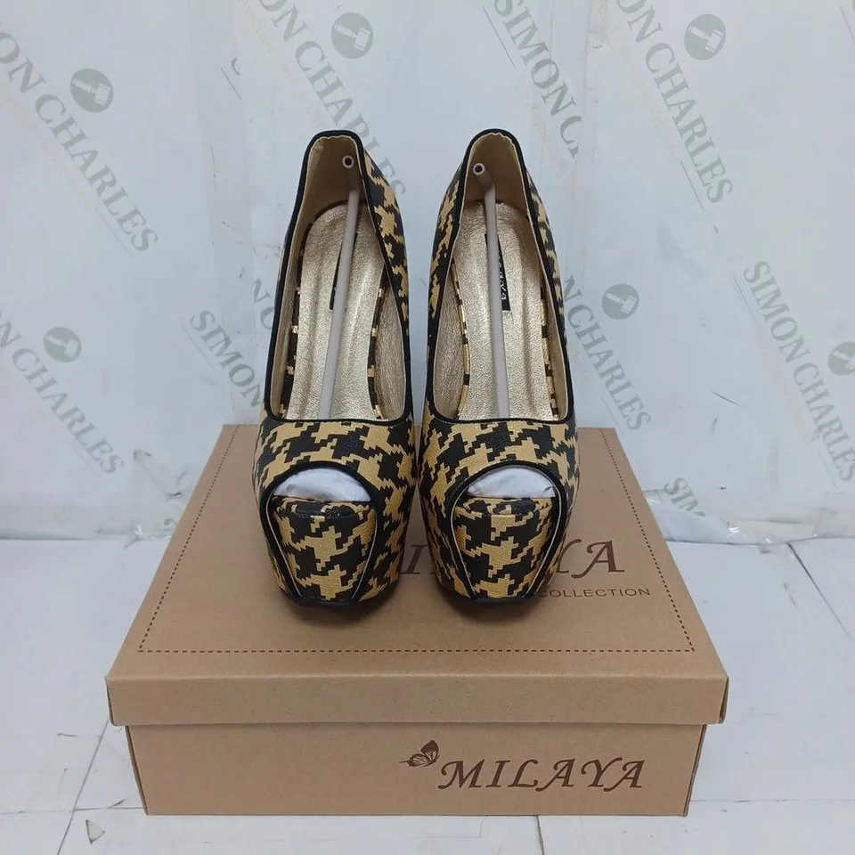 BOXED LOT OF 5 PAIRS OF LADIES MILAYA COLLECTION SHOES. BLACK AND GOLD VARIOUS SIZE