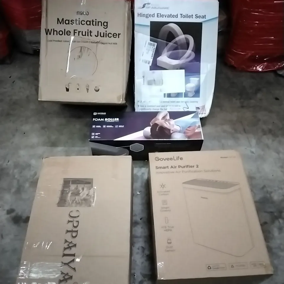 PALLET OF HOUSEHOLD ITEMS TO INCLUDE FRUIT JUICER,AIR PURIFIER,WARDROBE, HINGED ELEVATED TOILET SEAT, FOAM ROLLER AND OTHER ASSORTED ITEMS...