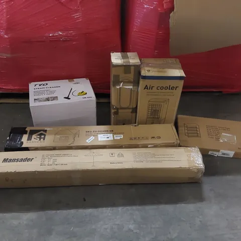 PALLET CONTAINING ASSORTED CONSUMER PRODUCTS TO INCLUDE: GAZEBO, STEAM CLEANER, AIR COOLER, HOT + COLD BLADELESS FAN, SHOE RACK, 8FT PAGODA UMBRELLA ECT