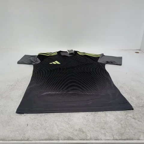 ADIDAS FOOTBALL JERSEY – BLACK WITH NEON YELLOW STRIPES, UK XS