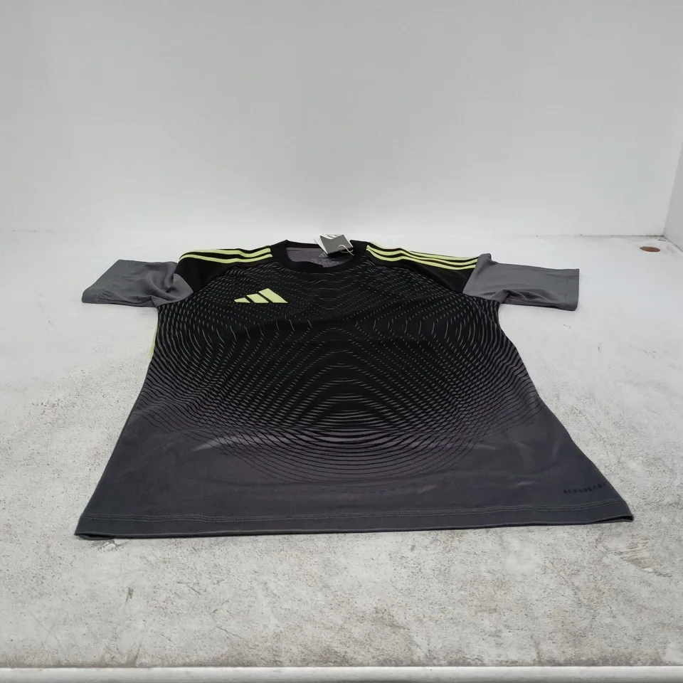 ADIDAS FOOTBALL JERSEY – BLACK WITH NEON YELLOW STRIPES, UK XS
