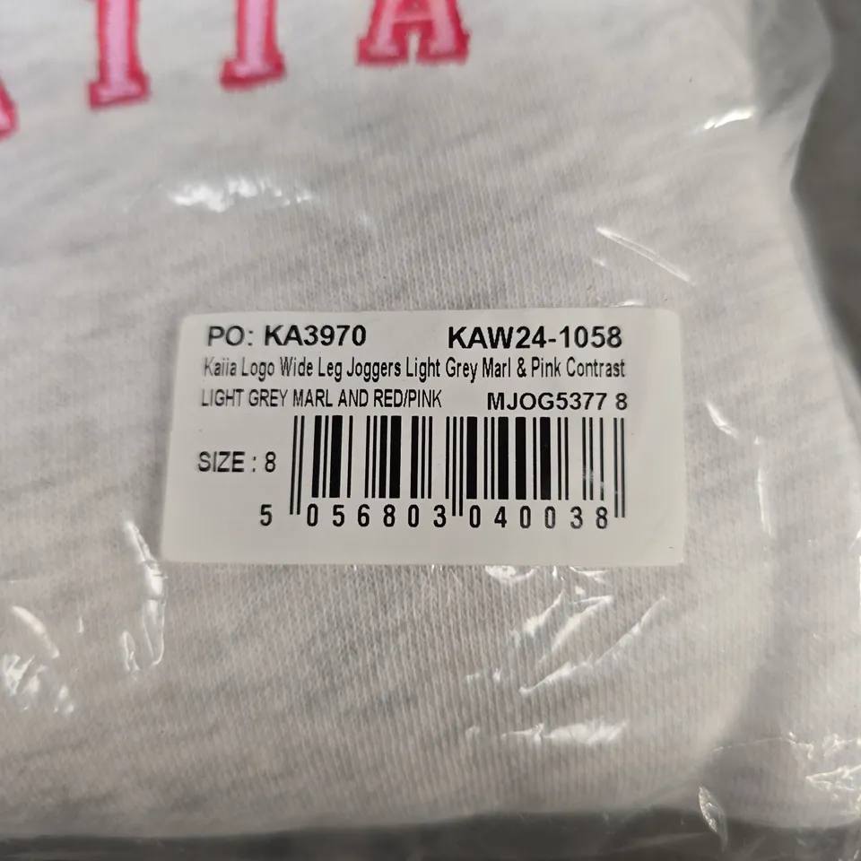 KAIA LOGO WIDE LEG JOGGERS – LIGHT GREY MARL WITH PINK CONTRAST, UK 8