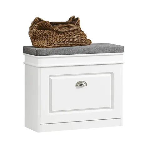 BOXED SOBUY HALLWAY SHOE STORAGE BENCH WITH FLIP DRAWER & PADDED SEAT – WHITE (1 BOX)