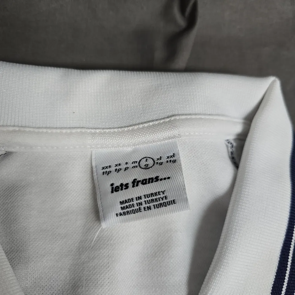 IETS FRANS SPORTSWEAR ARCHIVE POLO SHIRT – WHITE WITH NAVY SIDE PANELS