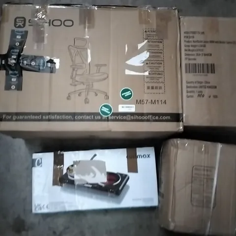 PALLET OF HOUSEHOLD ITEMS TO INCLUDE IFFJCE CHAIR, DOUBLE INFEARED COOK TOP, 16KG KETTLE BELL AND NUTRIBULLET JUICER ECT