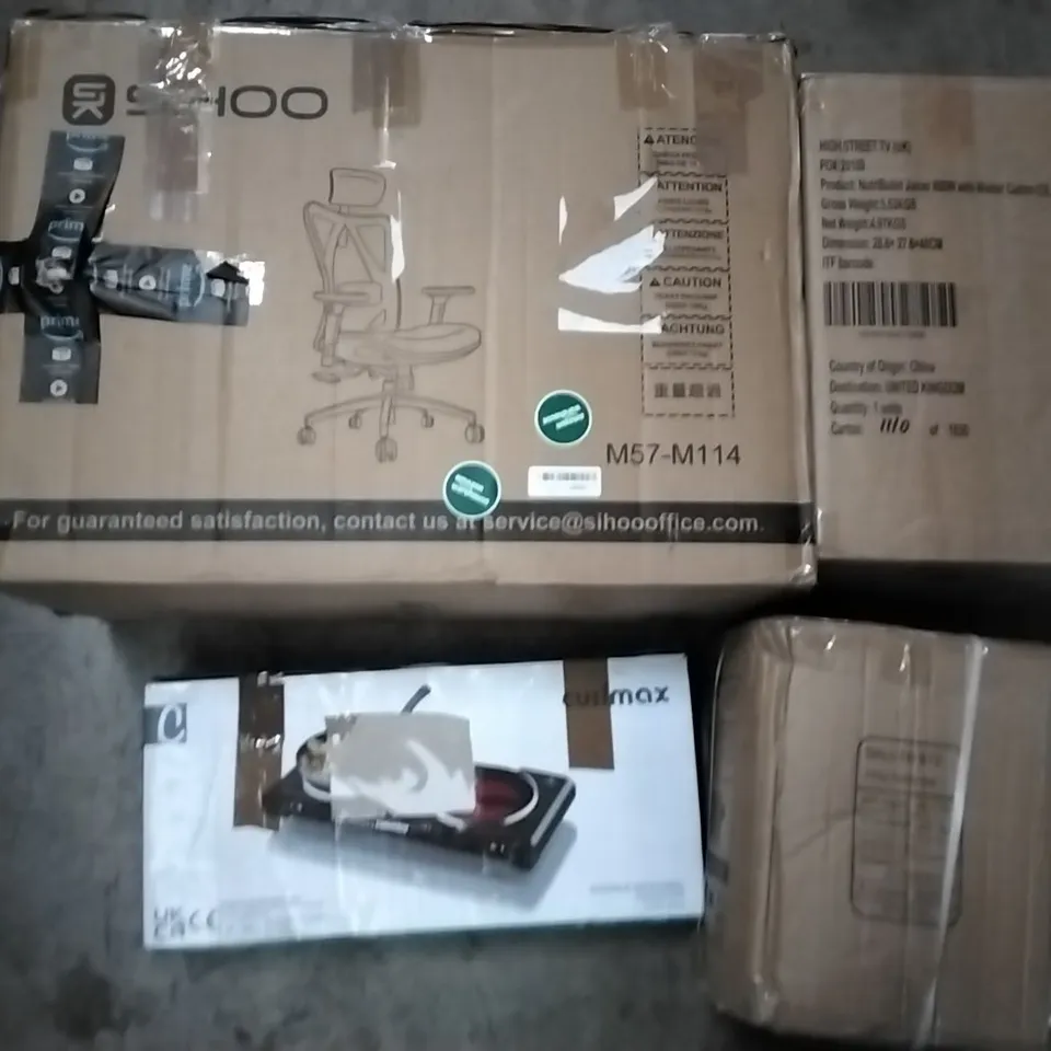 PALLET OF HOUSEHOLD ITEMS TO INCLUDE IFFJCE CHAIR, DOUBLE INFEARED COOK TOP, 16KG KETTLE BELL AND NUTRIBULLET JUICER ECT