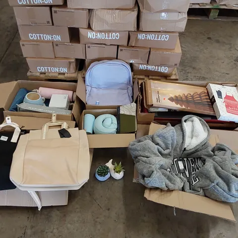 PALLET OF ASSORTED CONSUMER AND HOUSEHOLD PRODUCTS TO INCLUDE; TYPO BAGS AND RUCKSACK, 'RECOVERY MODE' FLUFFY HOODIE, PAPER CHRISTMAS TREES, TRAVEL PILLOW AND MUG, A5 JOURNAL ECT.