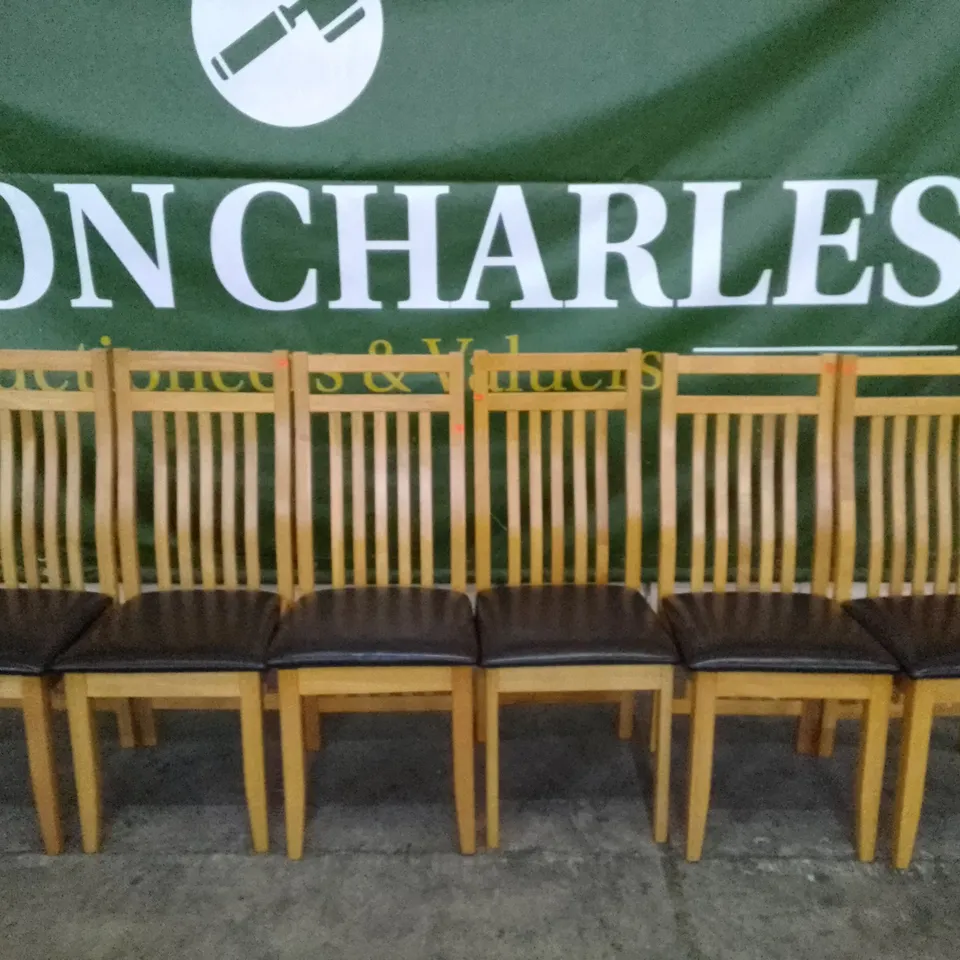 SET OF 6 NEW BALI OAK DINING CHAIRS (BLACK LEATHER SEAT PAD)