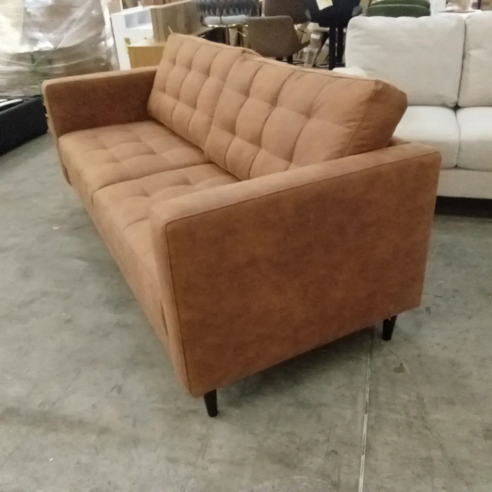 JODI 3 SEATER FAUX LEATHER UPHOLSTERED MODERN RETRO FABRIC SOFA - TAN
