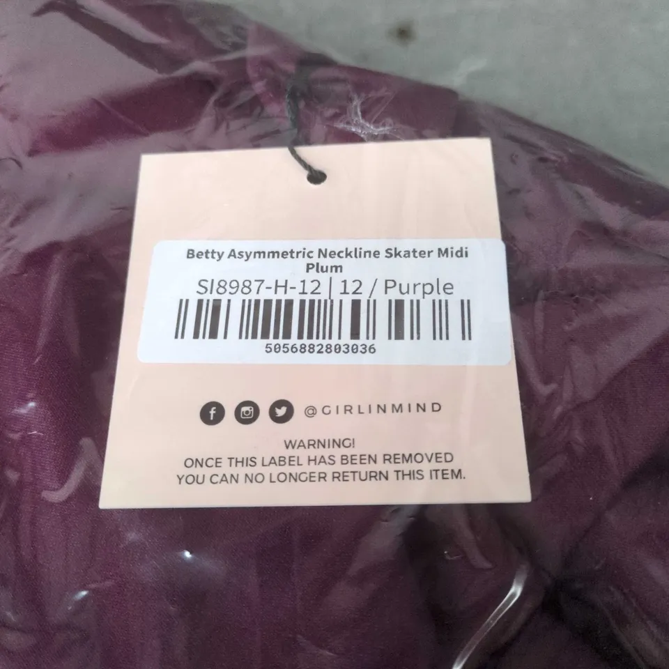 GIRL IN MIND BETTY ASYMMETRIC NECKLINE SKATER MIDI DRESS – PLUM, UK 12. BAGGED