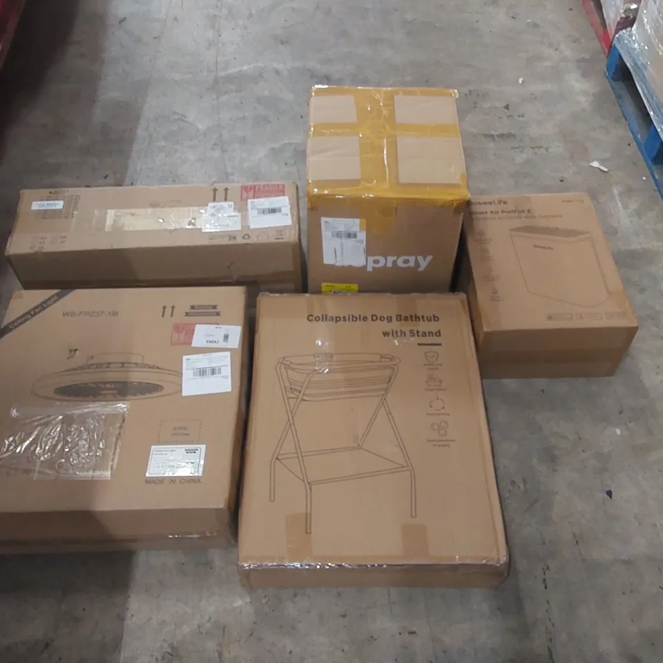 PALLET OF ASSORTED ITEMS INCLUDING: SMART AIR PURIFIER, COLLAPSIBLE DOG BATHTUB, CEILING FAN LIGHTS ECT