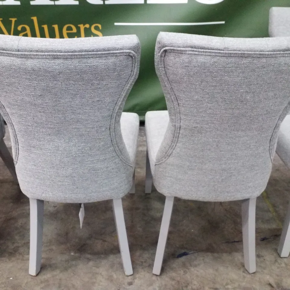 SET OF 4 BEWLEY LIGHT GREY FABRIC BUTTON BACK DINING CHAIRS (GREY LEG)