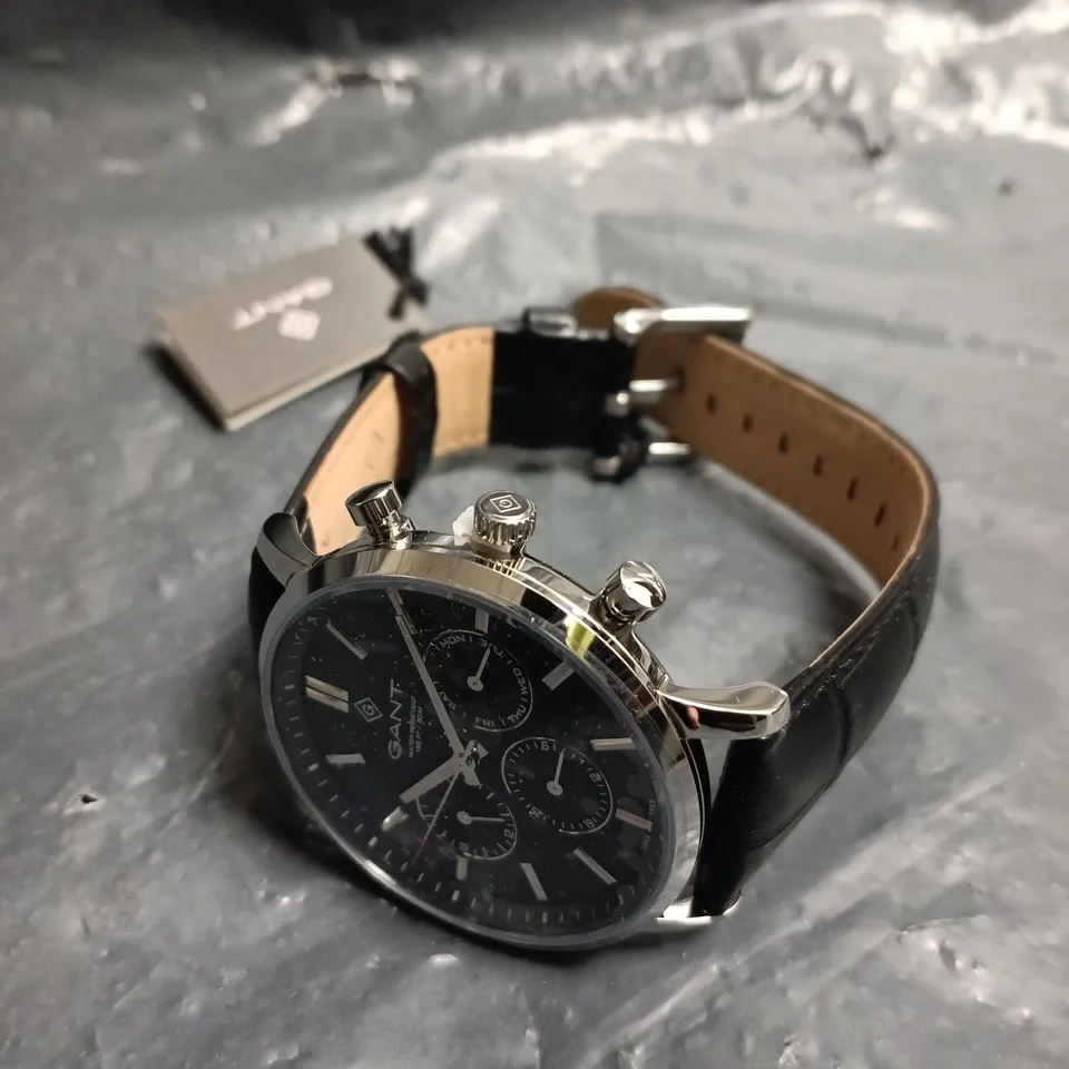 GANT CHRONOGRAPH WRISTWATCH – BLACK DIAL, LEATHER STRAP, BOXED