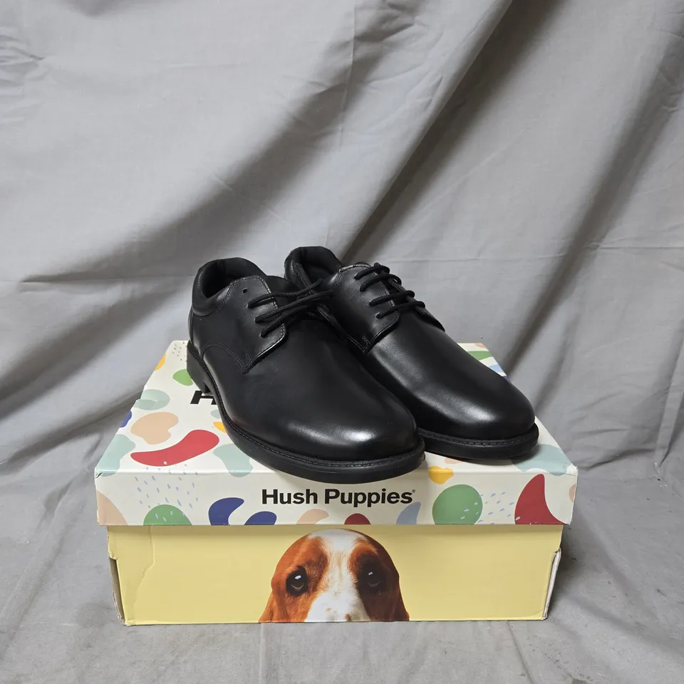BOXED PAIR HUSH PUPPIES  TIM LACE BACK TO SCHOOL SHOE - BLACK SIZE 6.5 RRP £50