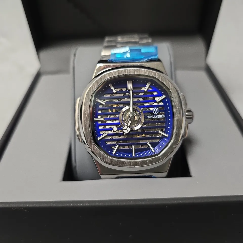 VONLANTHEN AUTOMATIC WATCH – BLUE SKELETON DIAL – STAINLESS STEEL STRAP – GLASS EXHIBITION BACK CASE 