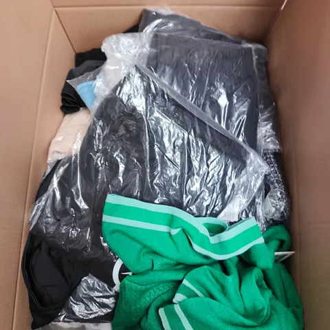 LARGE BOX OF APPROXIMATELY 25 ASSORTED CLOTHING ITEMS IN VARIOUS COLOURS, STYLES AND SIZES - COLLECTION ONLY