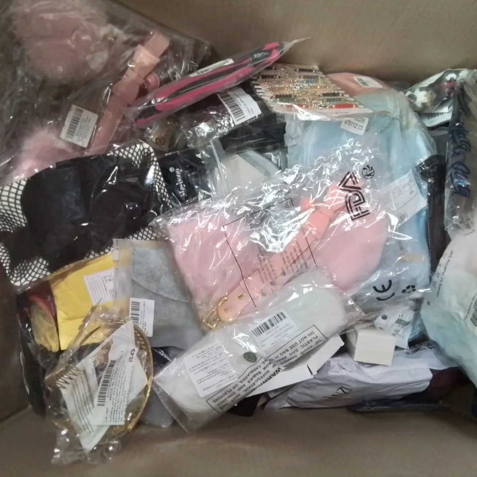 BOX CONTAINING LARGE AMOUNT OF MIXED FASHION ITEMS, SILVER PLATE AND COSTUME JEWELLERY, CLOTHING ITEMS ETC.