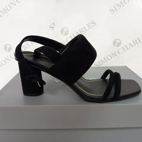 BOXED VIONIC BLACK OPEN TOE HIGH HEELS - SIZE 6