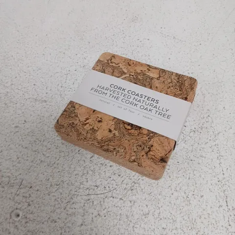 CORK COASTERS – HARVESTED NATURALLY FROM THE CORK OAK TREE (SET OF FOUR, SQUARE)