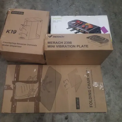PALLET CONTAINING ASSORTED PRODUCTS INCLUDING COUNTER TOP REVERSIBLE OSMOSIS WATER DISPENSER, RACLETTE GRILL, FOLDING CHAIR MAT & MINI VIBRATION