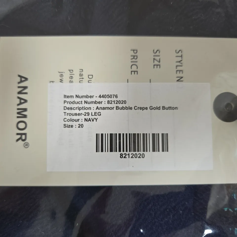 ANAMOR BUBBLE CREPE GOLD BUTTON TROUSERS – NAVY, UK SIZE 20, LEG 29