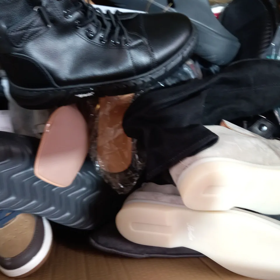 BOX OF APPROXIMATELY 15 ASSORTED PAIRS OF SHOES AND FOOTWEAR ITEMS IN VARIOUS STYLES AND SIZES TO INCLUDE PRIMARK, LAMA, ETC