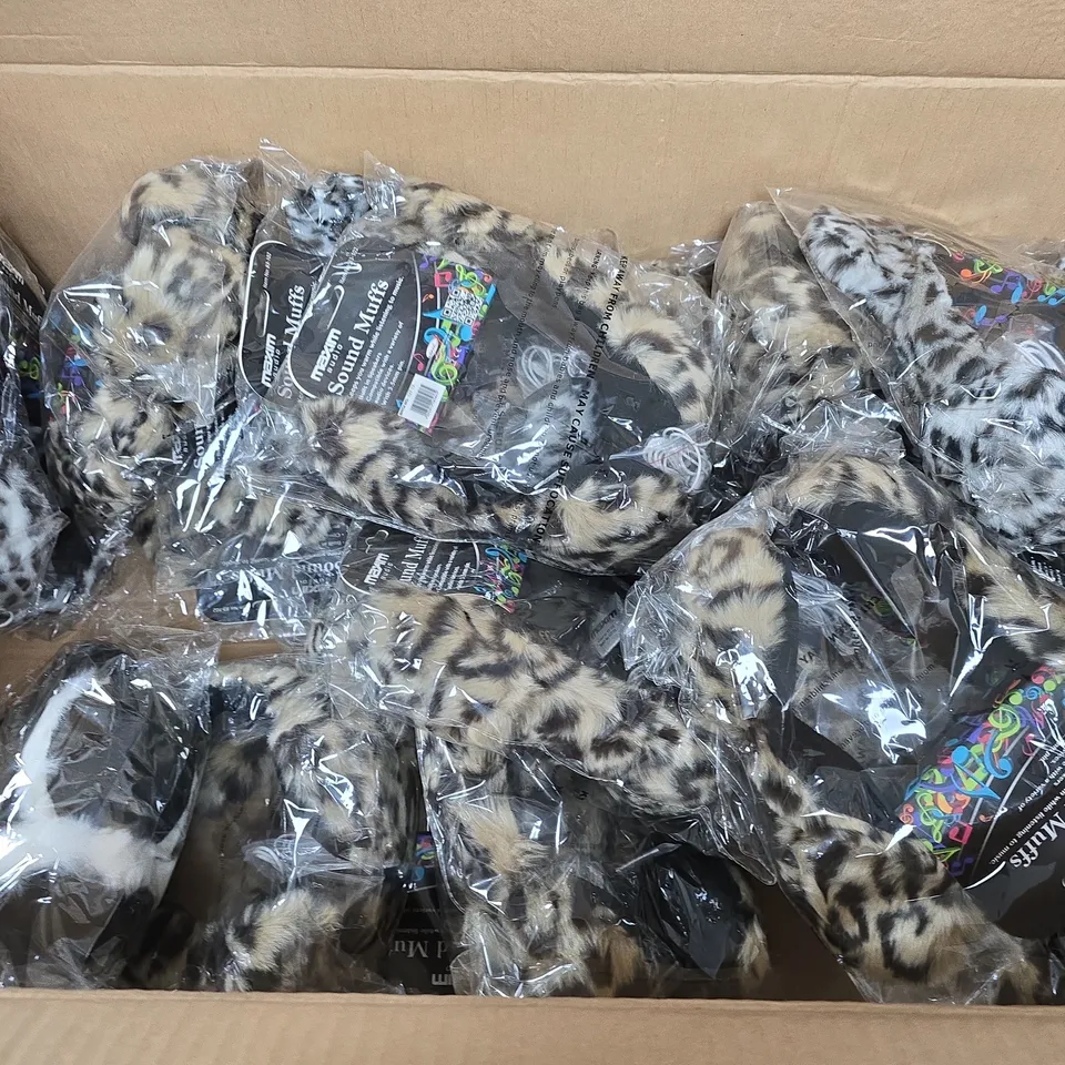 BOX OF APPROXIMATELY 15 MAXIM AUDIO SOUND MUFFS LEOPARD PRINT EARMUFFS