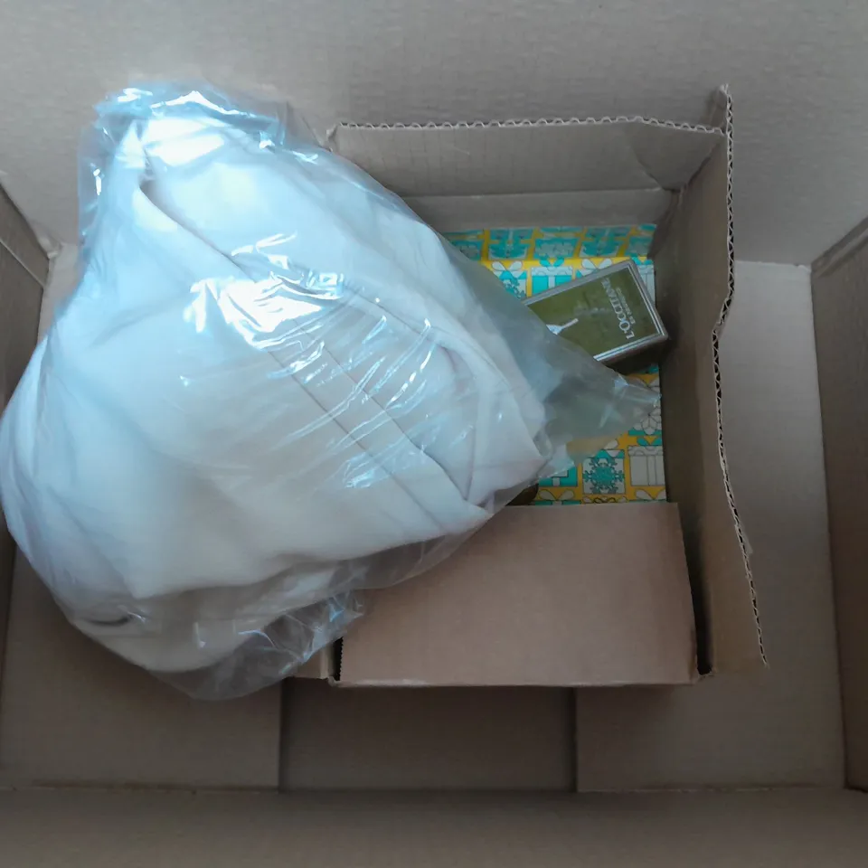 BOX OF APPROXIMATELY 5 ASSORTED ITEMS TO INCLUDE - DEEP FITTED SHEET , GILET JACKET , L'OCCITANE IMMORTELLE RESET ETC