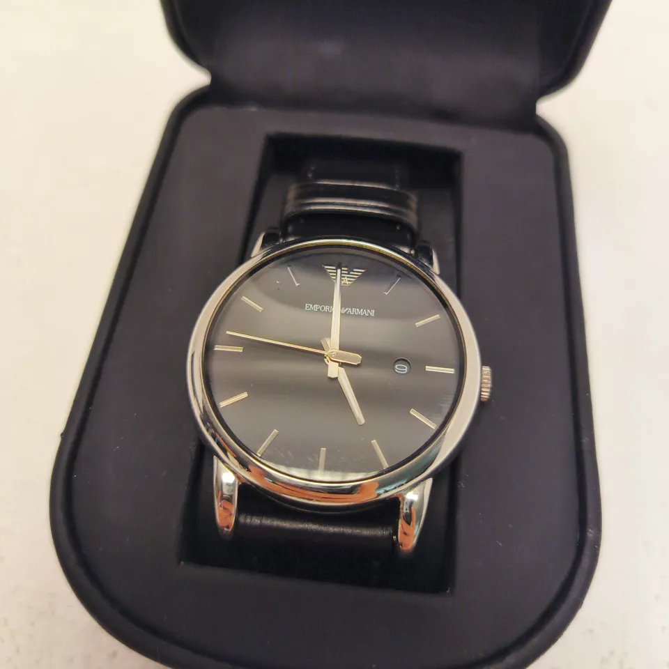 EMPORIO ARMANI WRISTWATCH – BLACK DIAL, LEATHER STRAP, BOXED