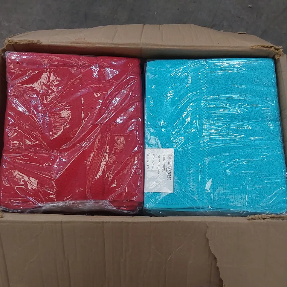 BOX OF APPROX 16 LAURA SECRET BATH TOWEL SETS - COLOURS VARY // SIZE: 68 X 120cm
