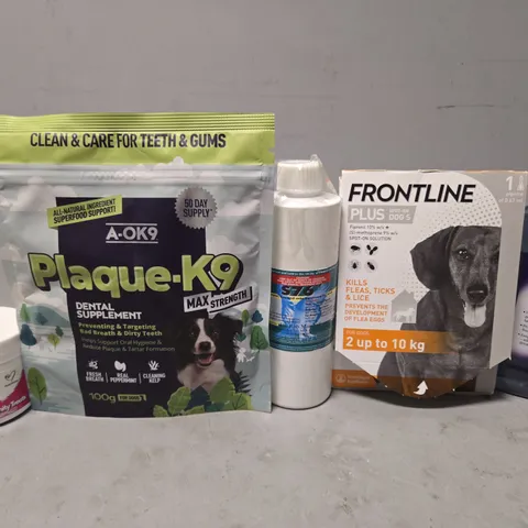 BOX OF APPROXIMATELY 15 ASSORTED PET ITEMS TO INCLUDE - ANTI-PLAQUE DENTAL RINSE , A-OK9 PLAQUE-K9 , FRONTLINE ETC