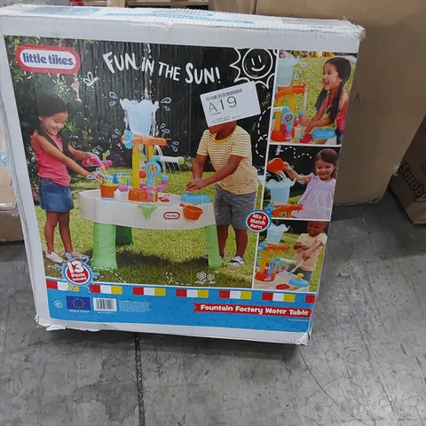 BOXED LITTLE TIKES FOUNTAIN FACTORY WATER TABLE WITH TOYS, ACCESSORIES AND INSTRUCTIONS
