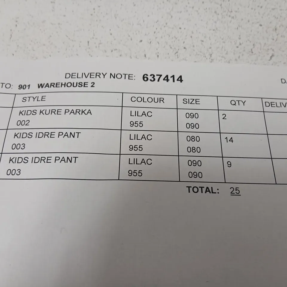 APPROXIMATELY 25 ASSORTED DIDRIKSONS KIDS' PRODUCTS TO INCLUDE; LILAC PARKA & IDRE PANT LOT - 25 PCS (2 X KIDS KURE PARKA 002; 23 X KIDS IDRE PANT 003)