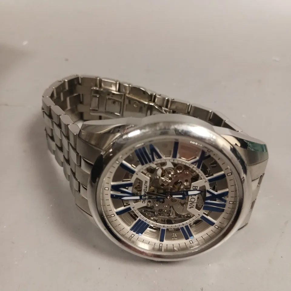 BULOVA MENS SKELETON DIAL EXHIBITION CASE WATCH
