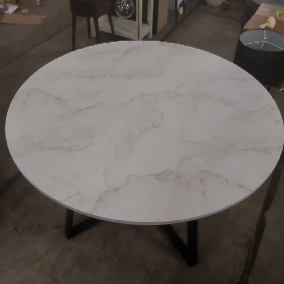 DESIGNER ROUND MARBLE EFFECT WOODEN TOP DINING TABLE WITH METAL BASE