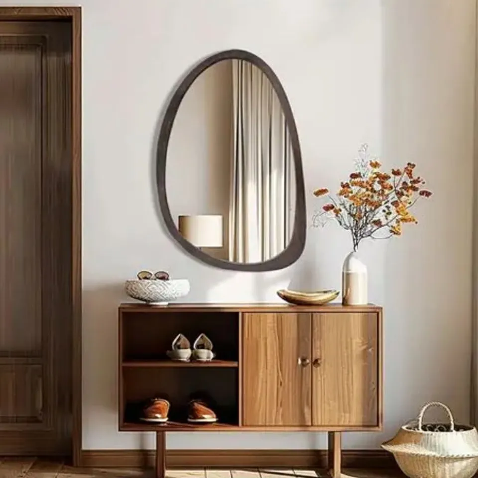 BOXED ASYMMETRICAL WOOD FRAMED WALL ACCENT MIRROR