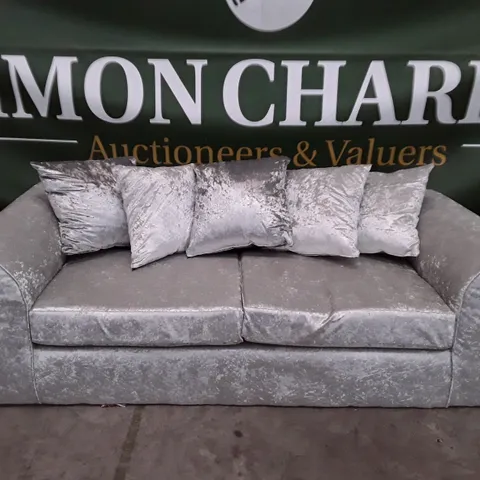 QUALITY DESIGNER 3 SEATER SOFA - SILVER VELVET FABRIC