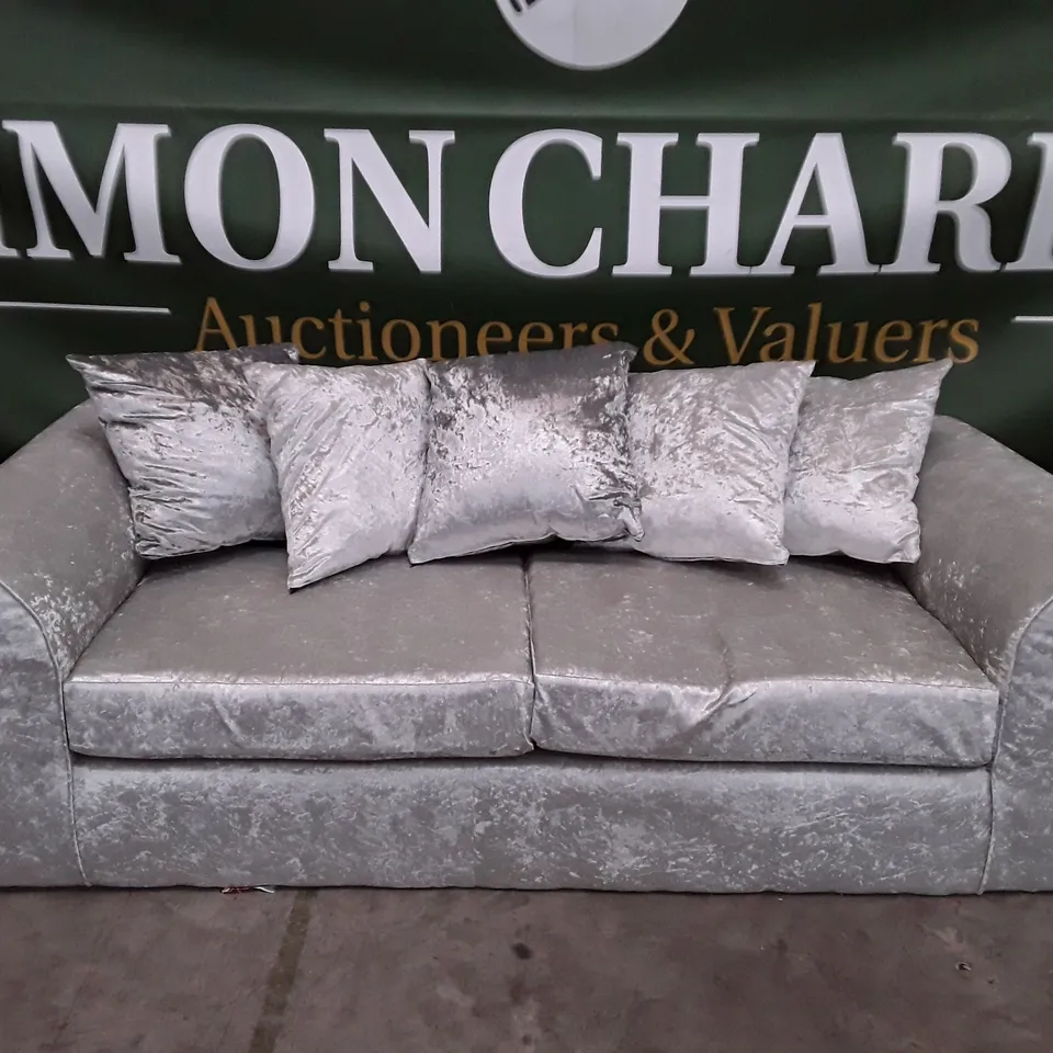 QUALITY DESIGNER 3 SEATER SOFA - SILVER VELVET FABRIC