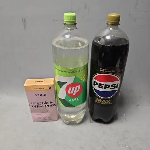 APPROXIMATELY 5 ASSORTED DRINKS ITEMS TO INCLUDE - PEPSI MAX CAFFENINE FREE , 7UP ZERO , GRIND LONG BLEND 