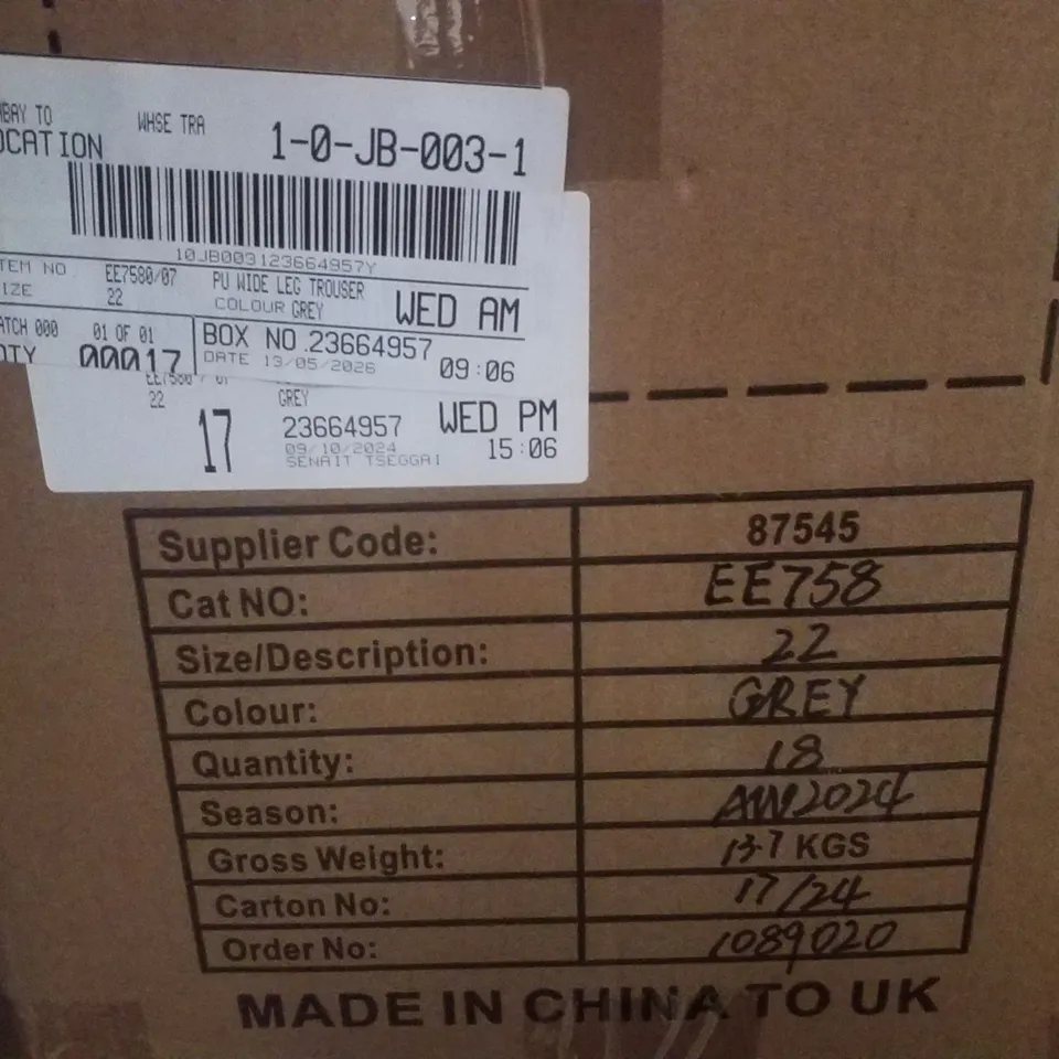 BOX CONTAINING APPROXIMATELY 17 BRAND NEW JD WILLIAMS GREY PU WIDE LEG TROUSERS - SIZE 22