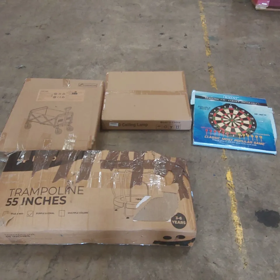 PALLET OF ASSORTED ITEMS INCLUDING: 55 INCH TRAMPOLINE, LED CEILING LIGHT, FOLDING WAGON, MAGNETIC DART BOARD ECT