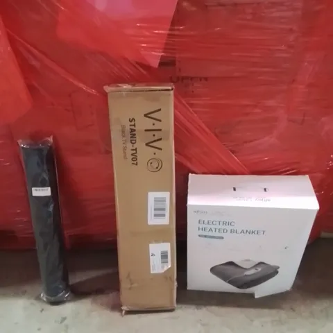 PALLET OF ASSORTED HOUSEHOLD GOODS AND PRODUCTS TO INCLUDE;ELECTRIC HEATED BLANKET,MAT,TV STAND
