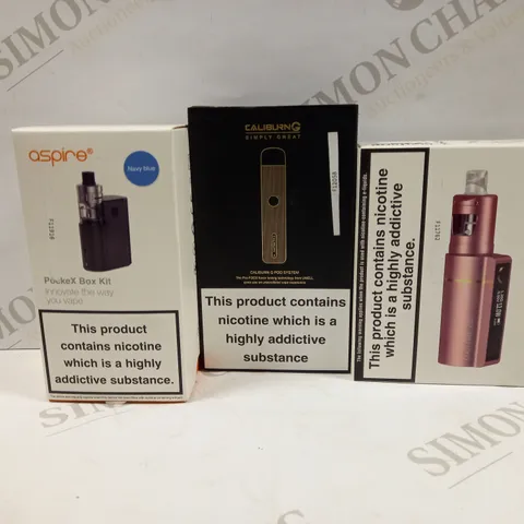 BOX OF APPROXMATELY 28 E-CIGARETTES AND LIQUIDS TO INCLUDE INNOKIN COOLFIRE Z50 ZLIDE, ASPIRE POCKEX BOX KIT, CALIBURN G POD SYSTEM, ETC